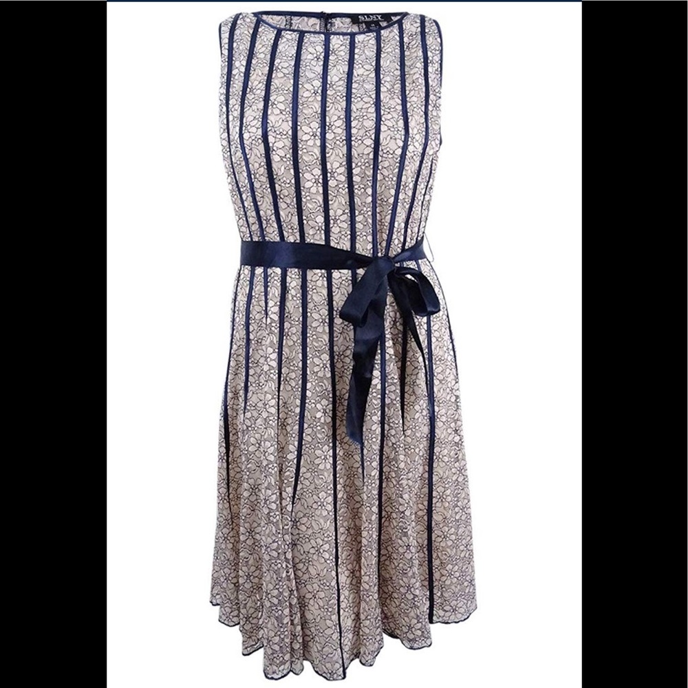 SL Fashions Belted A-Line Dress Champagne/Navy NWT - Picture 3 of 4